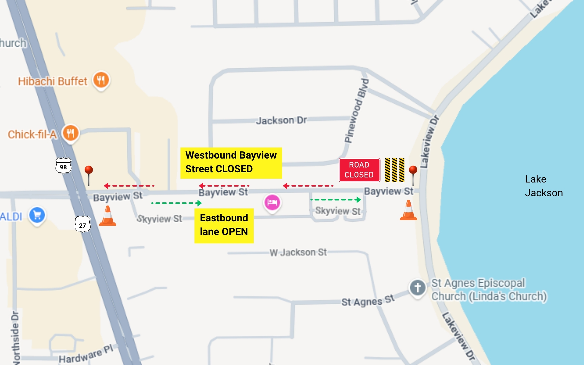 Map of Bayview Street in Sebring, showing westbound lane closures.